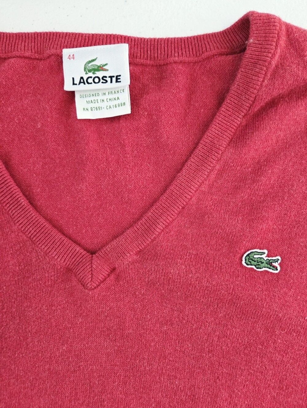 Vintage Lacoste Women's Red V-Neck Long Sleeve Pullover Sweater 44 - Picture 2 of 10